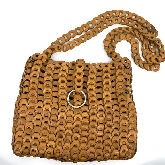 Handwoven Leather Crocheted Shoulder Bag Purse Caramel - Picture 4 of 10